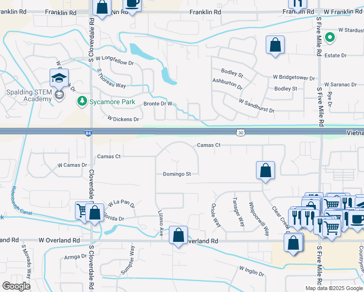 map of restaurants, bars, coffee shops, grocery stores, and more near 11553 West Camas Street in Boise