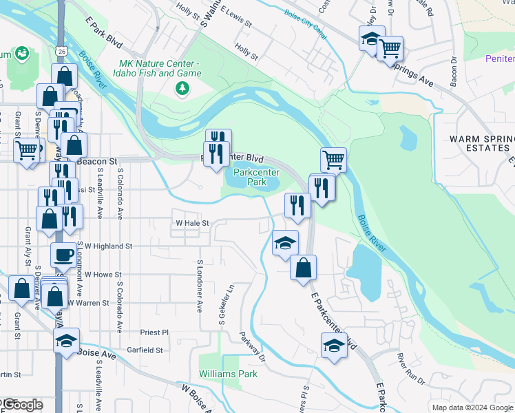 map of restaurants, bars, coffee shops, grocery stores, and more near 200 East Mallard Drive in Boise