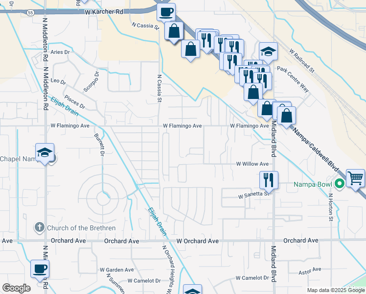 map of restaurants, bars, coffee shops, grocery stores, and more near 1304 Eldoran Drive in Nampa