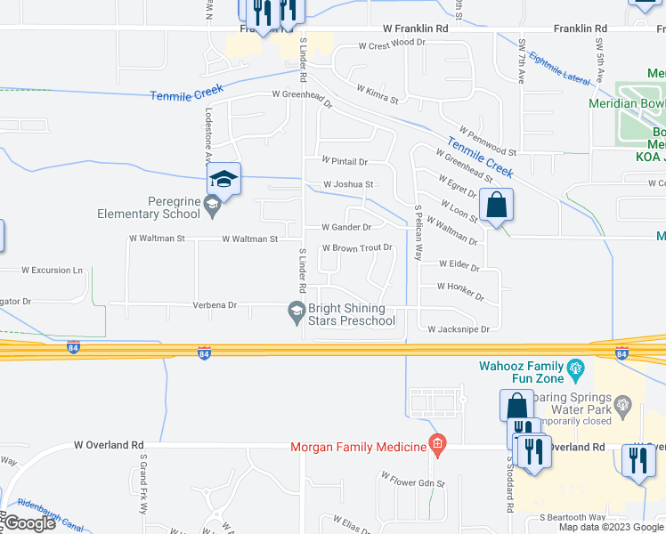 map of restaurants, bars, coffee shops, grocery stores, and more near 923 South Otter Avenue in Meridian