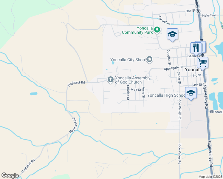 map of restaurants, bars, coffee shops, grocery stores, and more near 1019 Wooley Court in Yoncalla