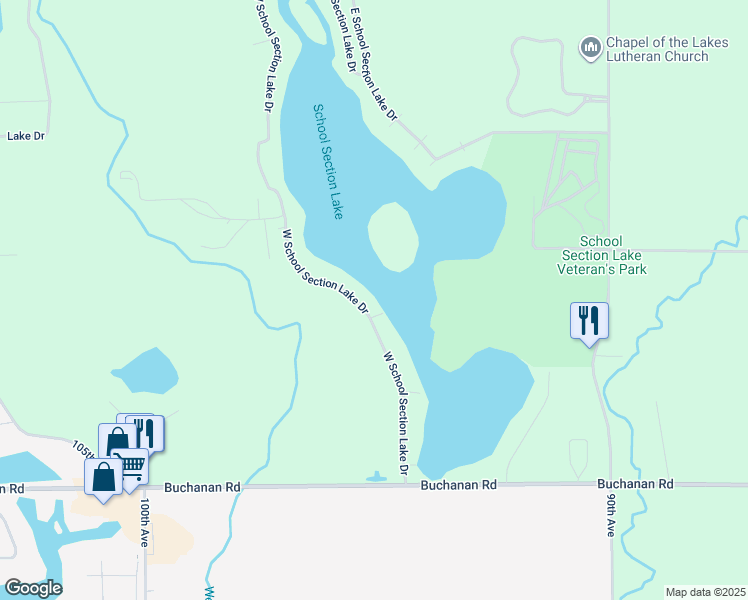 map of restaurants, bars, coffee shops, grocery stores, and more near 8886 West School Section Lake Drive in Mecosta