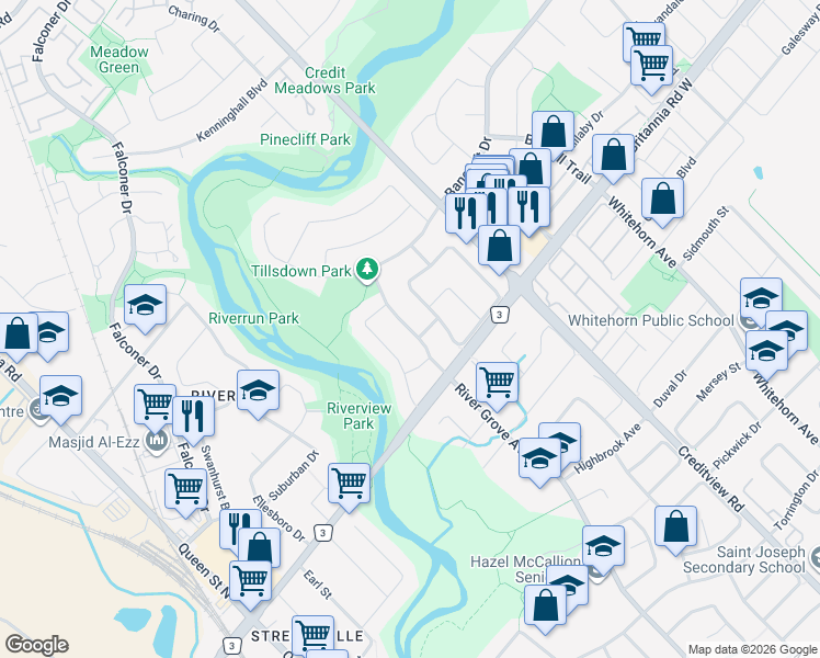 map of restaurants, bars, coffee shops, grocery stores, and more near Tillsdown Drive in Mississauga