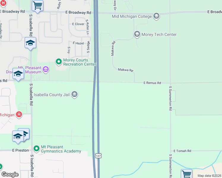 map of restaurants, bars, coffee shops, grocery stores, and more near 5612 East Remus Road in Mount Pleasant