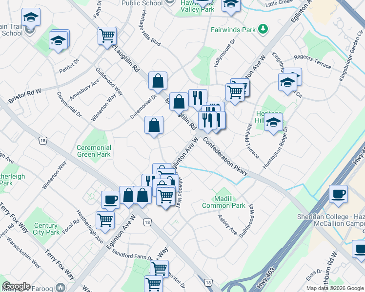 map of restaurants, bars, coffee shops, grocery stores, and more near 5014 Mariner Court in Mississauga