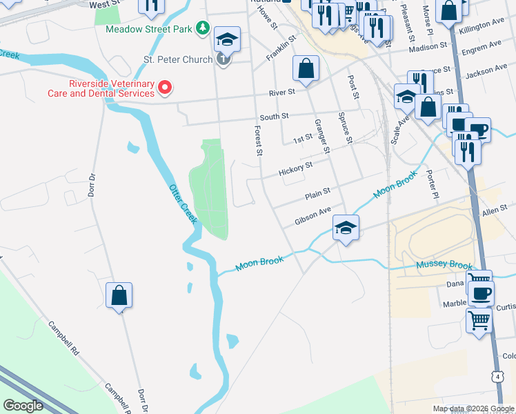 map of restaurants, bars, coffee shops, grocery stores, and more near 163 Forest Street in Rutland