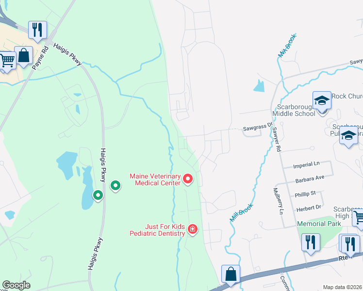 map of restaurants, bars, coffee shops, grocery stores, and more near 171 Scarborough Downs Road in Scarborough