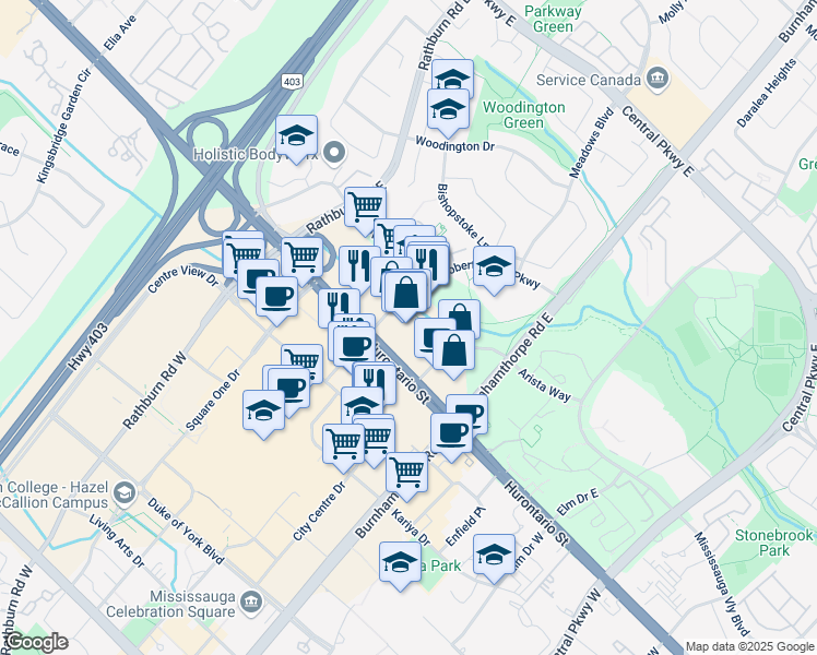 map of restaurants, bars, coffee shops, grocery stores, and more near 2 Robert Speck Parkway in Mississauga