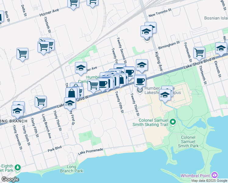 map of restaurants, bars, coffee shops, grocery stores, and more near 3289 Lake Shore Boulevard West in Toronto
