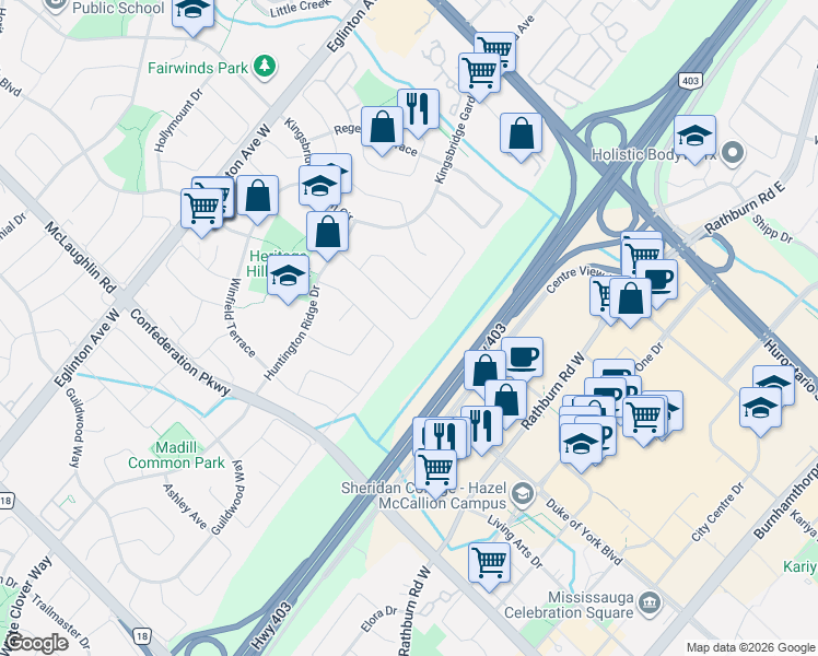 map of restaurants, bars, coffee shops, grocery stores, and more near 4454 Mayflower Drive in Mississauga