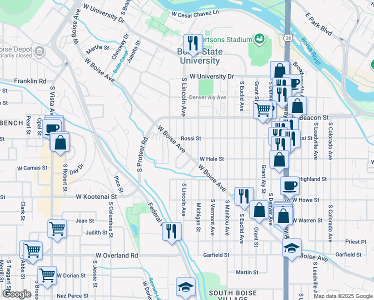 map of restaurants, bars, coffee shops, grocery stores, and more near 1615 West Boise Avenue in Boise