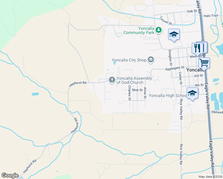 map of restaurants, bars, coffee shops, grocery stores, and more near 1039 Wooley Court in Yoncalla