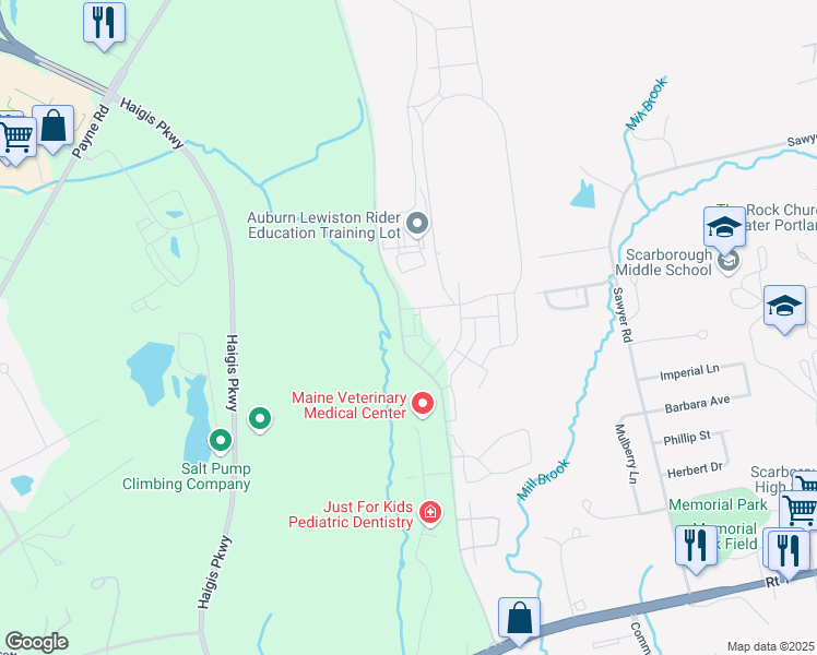 map of restaurants, bars, coffee shops, grocery stores, and more near Scarborough Downs Road in Scarborough