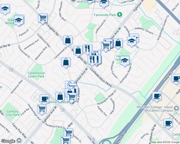 map of restaurants, bars, coffee shops, grocery stores, and more near in Mississauga