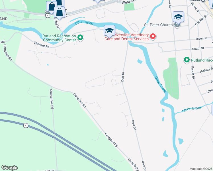 map of restaurants, bars, coffee shops, grocery stores, and more near 58 Stoneridge Drive in Rutland