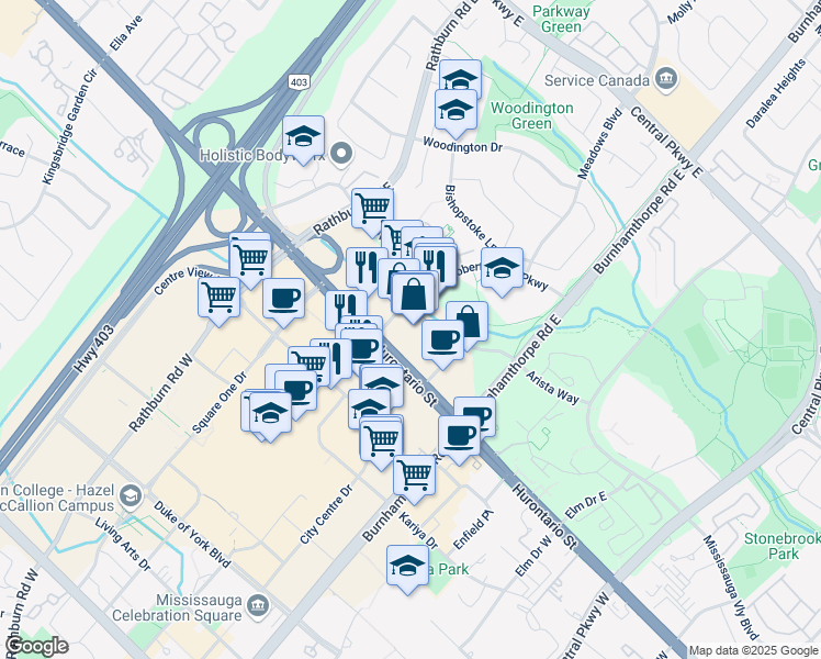 map of restaurants, bars, coffee shops, grocery stores, and more near 2 Robert Speck Parkway in Mississauga