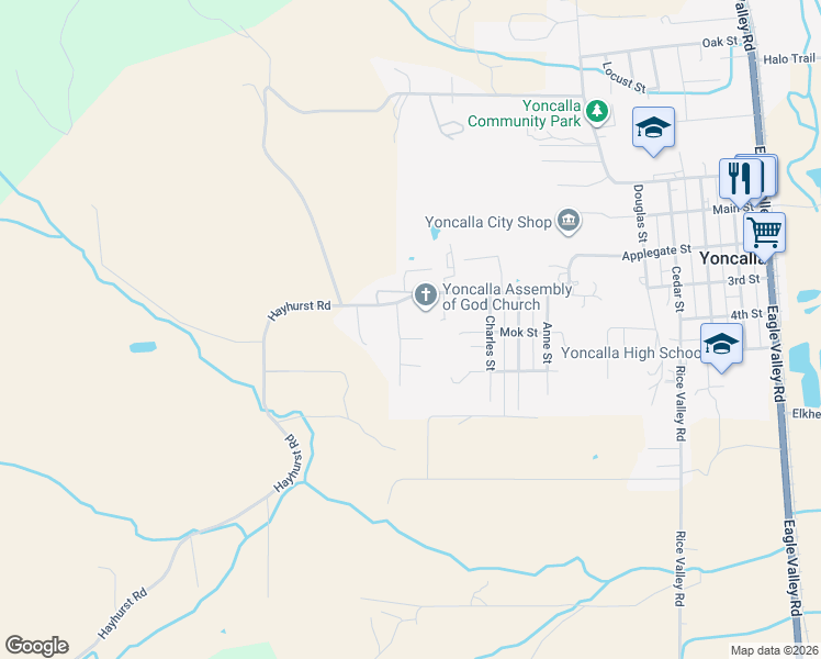 map of restaurants, bars, coffee shops, grocery stores, and more near 1079 Wooley Court in Yoncalla