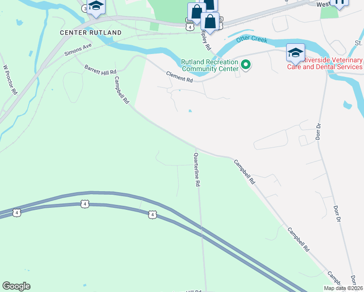 map of restaurants, bars, coffee shops, grocery stores, and more near 458 Campbell Road in Rutland