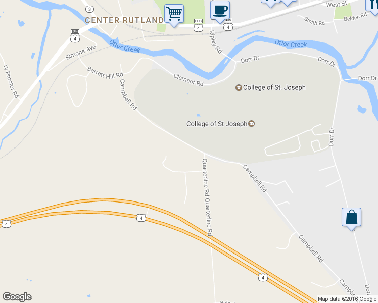 map of restaurants, bars, coffee shops, grocery stores, and more near 458 Campbell Road in Rutland