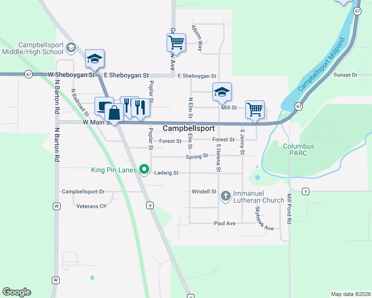 map of restaurants, bars, coffee shops, grocery stores, and more near 266 Spring Street in Campbellsport