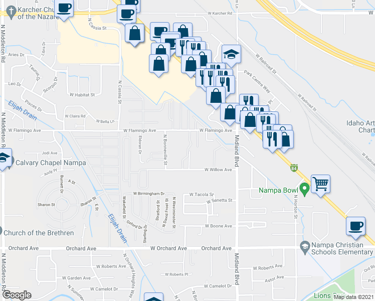map of restaurants, bars, coffee shops, grocery stores, and more near 1329 North Stephanie Lane in Nampa