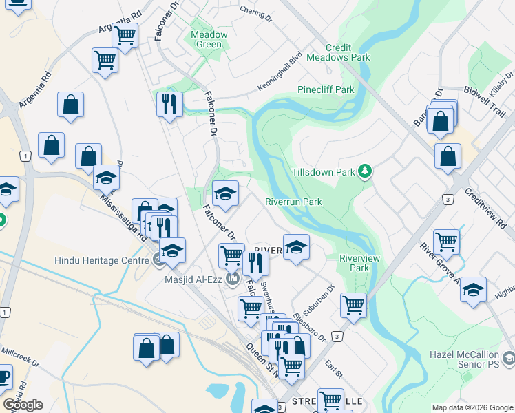 map of restaurants, bars, coffee shops, grocery stores, and more near 20 Plainsman Road in Mississauga