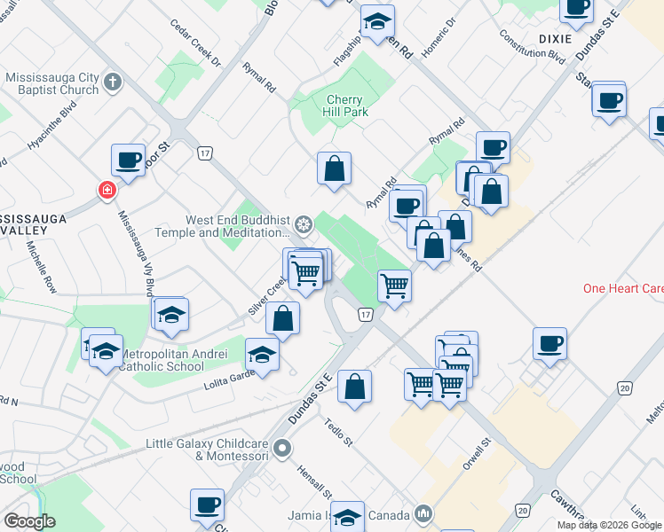 map of restaurants, bars, coffee shops, grocery stores, and more near in Mississauga