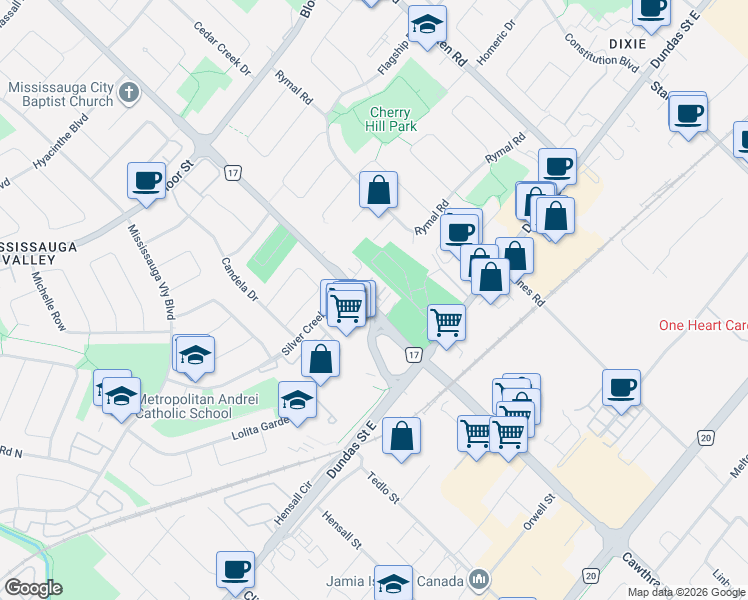 map of restaurants, bars, coffee shops, grocery stores, and more near 3077 Cawthra Road in Mississauga