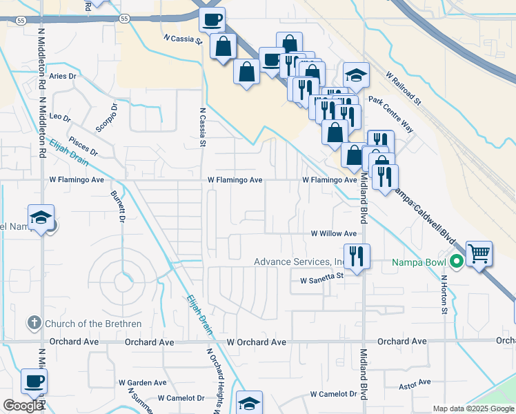 map of restaurants, bars, coffee shops, grocery stores, and more near 1430 West Bonneville Circle in Nampa