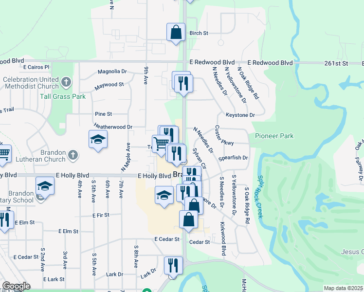map of restaurants, bars, coffee shops, grocery stores, and more near 1228 East Holly Boulevard in Brandon