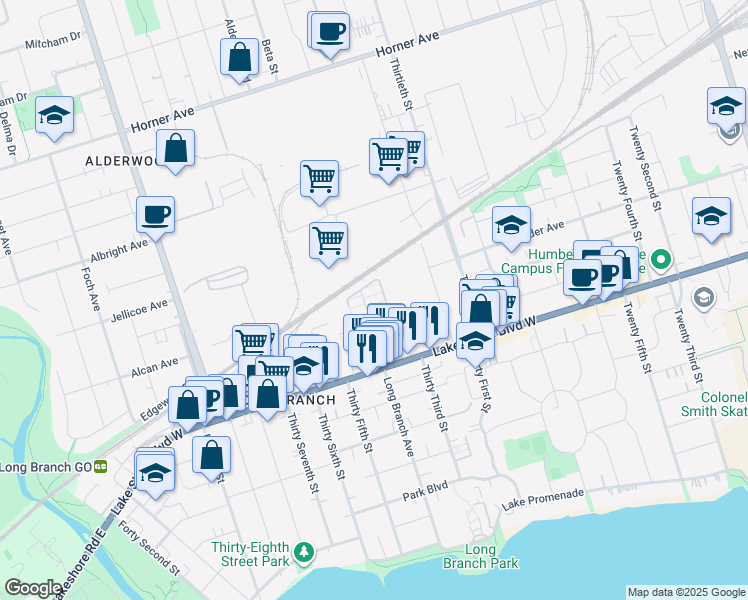 map of restaurants, bars, coffee shops, grocery stores, and more near 135 Long Branch Avenue in Toronto