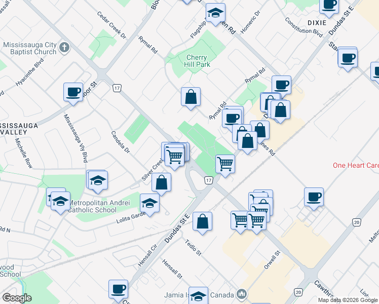 map of restaurants, bars, coffee shops, grocery stores, and more near 3071 Cawthra Road in Mississauga