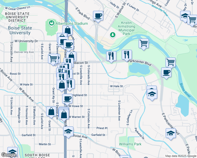 map of restaurants, bars, coffee shops, grocery stores, and more near 1398 Division Avenue in Boise