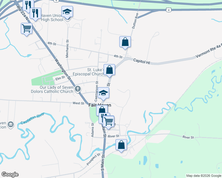 map of restaurants, bars, coffee shops, grocery stores, and more near 131 North Main Street in Fair Haven