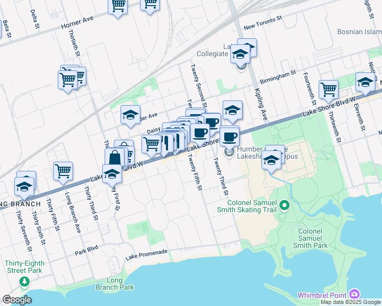map of restaurants, bars, coffee shops, grocery stores, and more near 3285 Lake Shore Boulevard West in Toronto