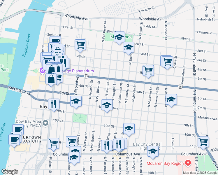 map of restaurants, bars, coffee shops, grocery stores, and more near 620 North Grant Street in Bay City