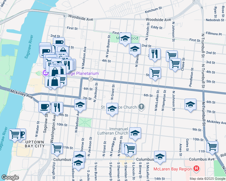 map of restaurants, bars, coffee shops, grocery stores, and more near 620 North Grant Street in Bay City
