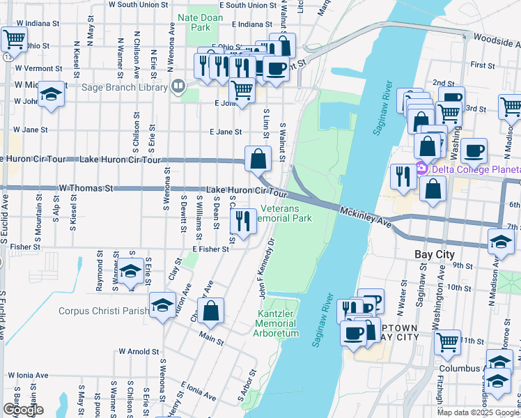 map of restaurants, bars, coffee shops, grocery stores, and more near 600-698 East White Street in Bay City