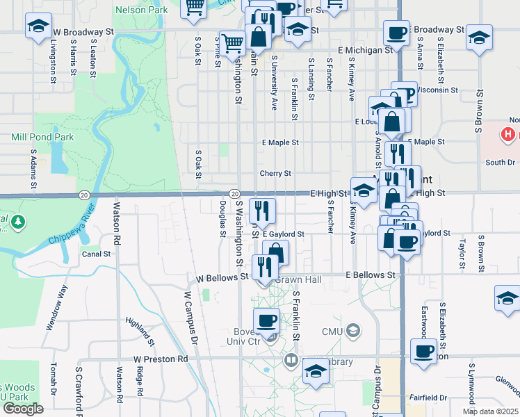 map of restaurants, bars, coffee shops, grocery stores, and more near 906 South Main Street in Mount Pleasant