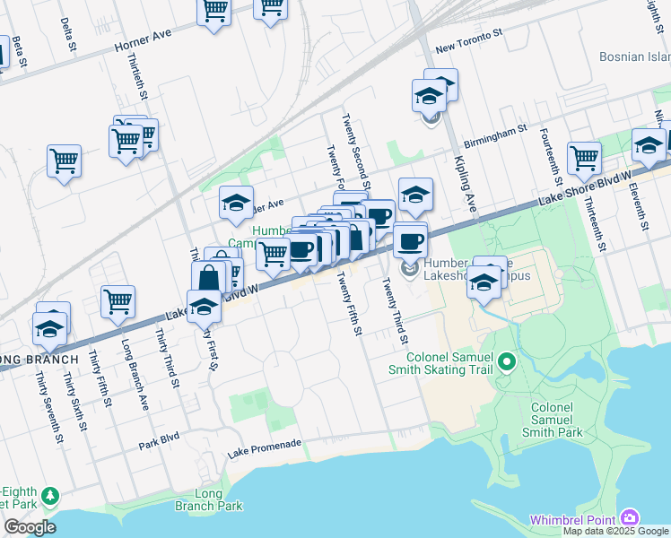 map of restaurants, bars, coffee shops, grocery stores, and more near 3285 Lake Shore Boulevard West in Toronto