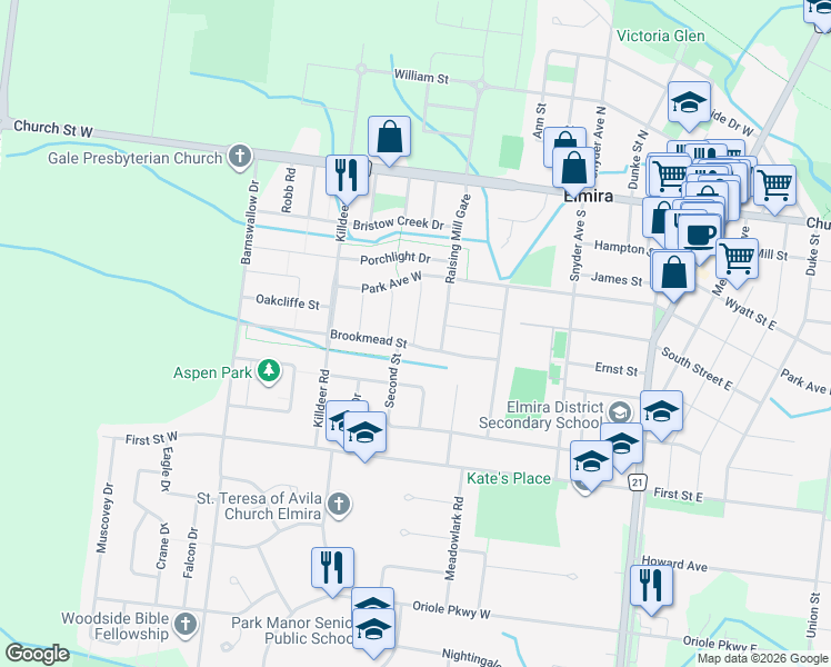 map of restaurants, bars, coffee shops, grocery stores, and more near 163 Brookmead Street in Elmira