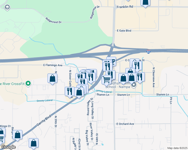 map of restaurants, bars, coffee shops, grocery stores, and more near 4424 East Flamingo Avenue in Nampa