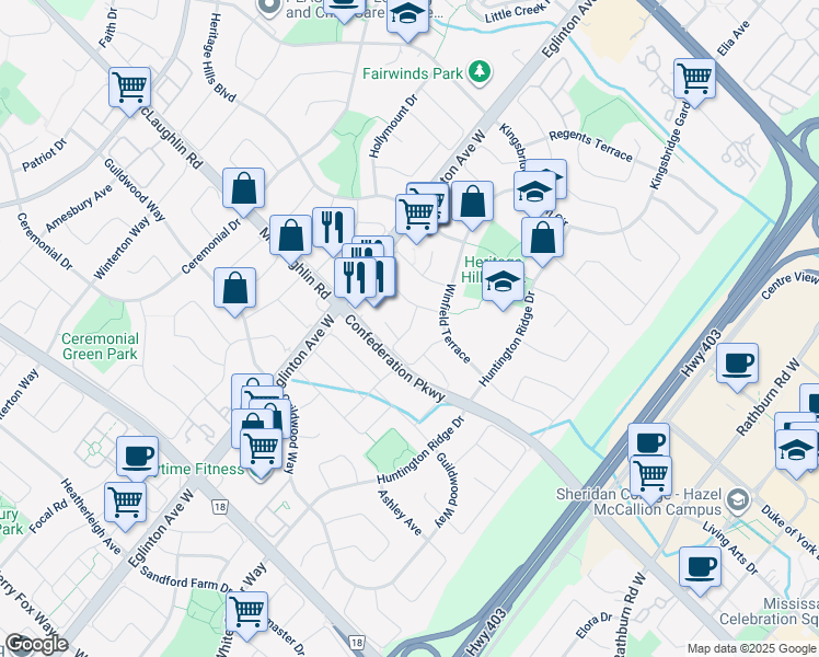 map of restaurants, bars, coffee shops, grocery stores, and more near Hillbury Drive in Mississauga