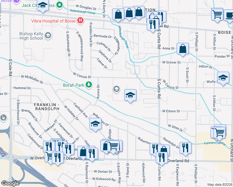 map of restaurants, bars, coffee shops, grocery stores, and more near 6001 West Cassia Street in Boise
