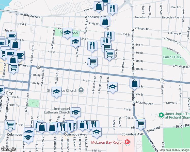 map of restaurants, bars, coffee shops, grocery stores, and more near North McLellan Street in Bay City