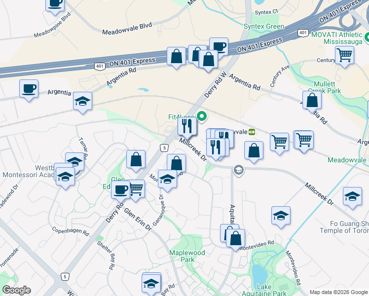 map of restaurants, bars, coffee shops, grocery stores, and more near 7007 Estoril Road in Mississauga