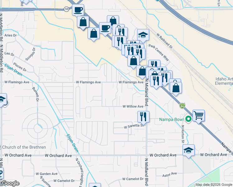map of restaurants, bars, coffee shops, grocery stores, and more near 1299 North Stephanie Lane in Nampa