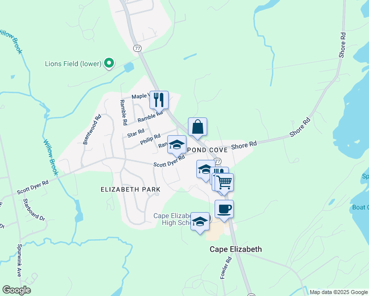 map of restaurants, bars, coffee shops, grocery stores, and more near 12 Scott Dyer Road in Cape Elizabeth