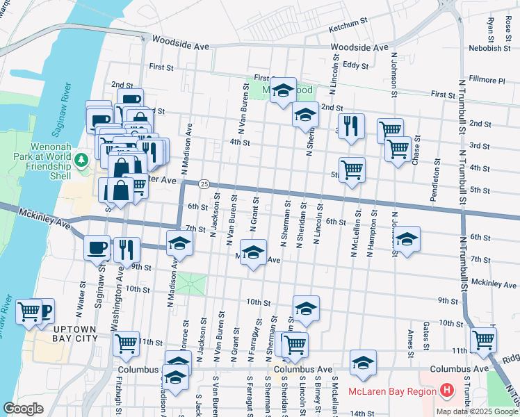 map of restaurants, bars, coffee shops, grocery stores, and more near 620 North Grant Street in Bay City