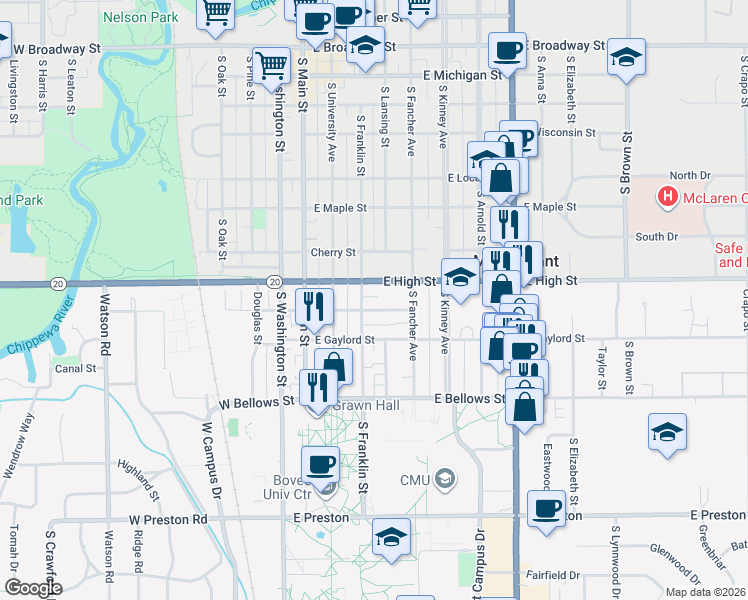 map of restaurants, bars, coffee shops, grocery stores, and more near 905 South Franklin Street in Mount Pleasant